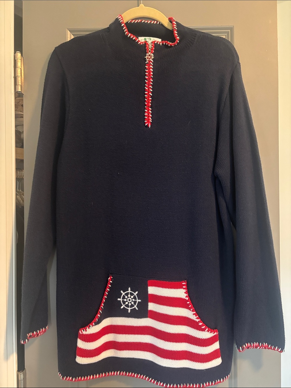 Navy Nautical Quarter-Zip Sweater with Red & White Accent